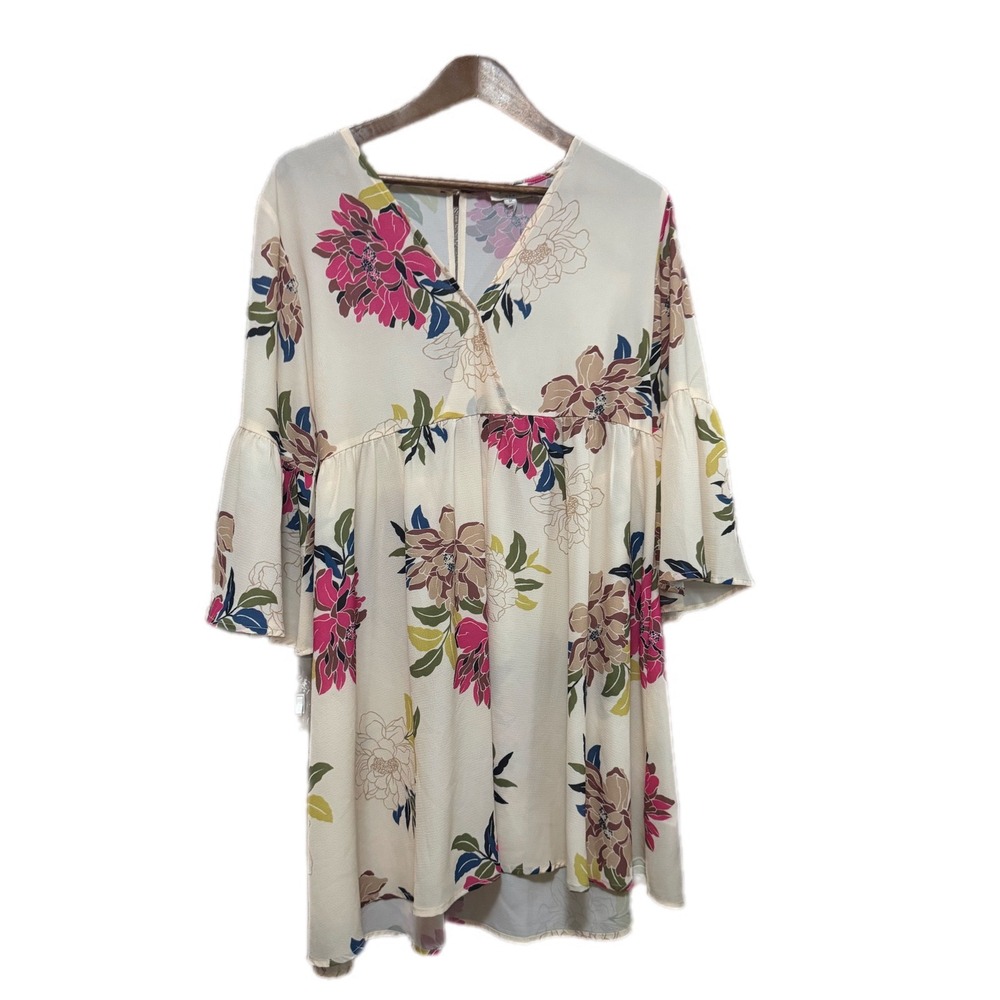 Umgee Floral Babydoll Tunic Womens Size M Cream Pink Boho Bell Sleeve Excellent